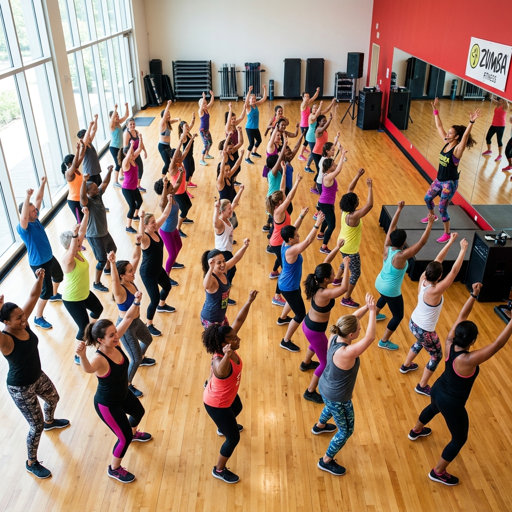 Dynamic Zumba class showing the high-energy community atmosphere